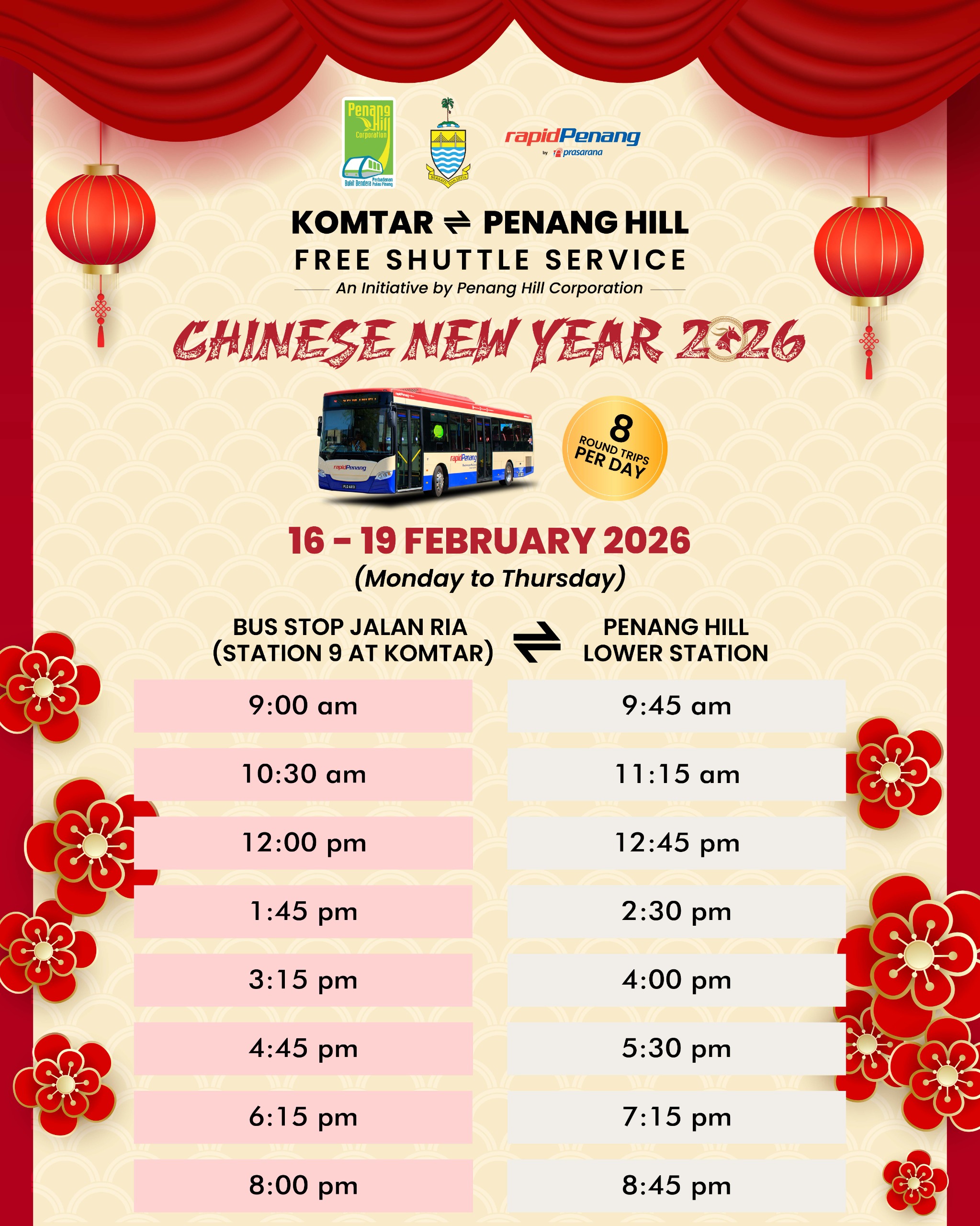 Penang Hill Free Shuttle Service Timetable